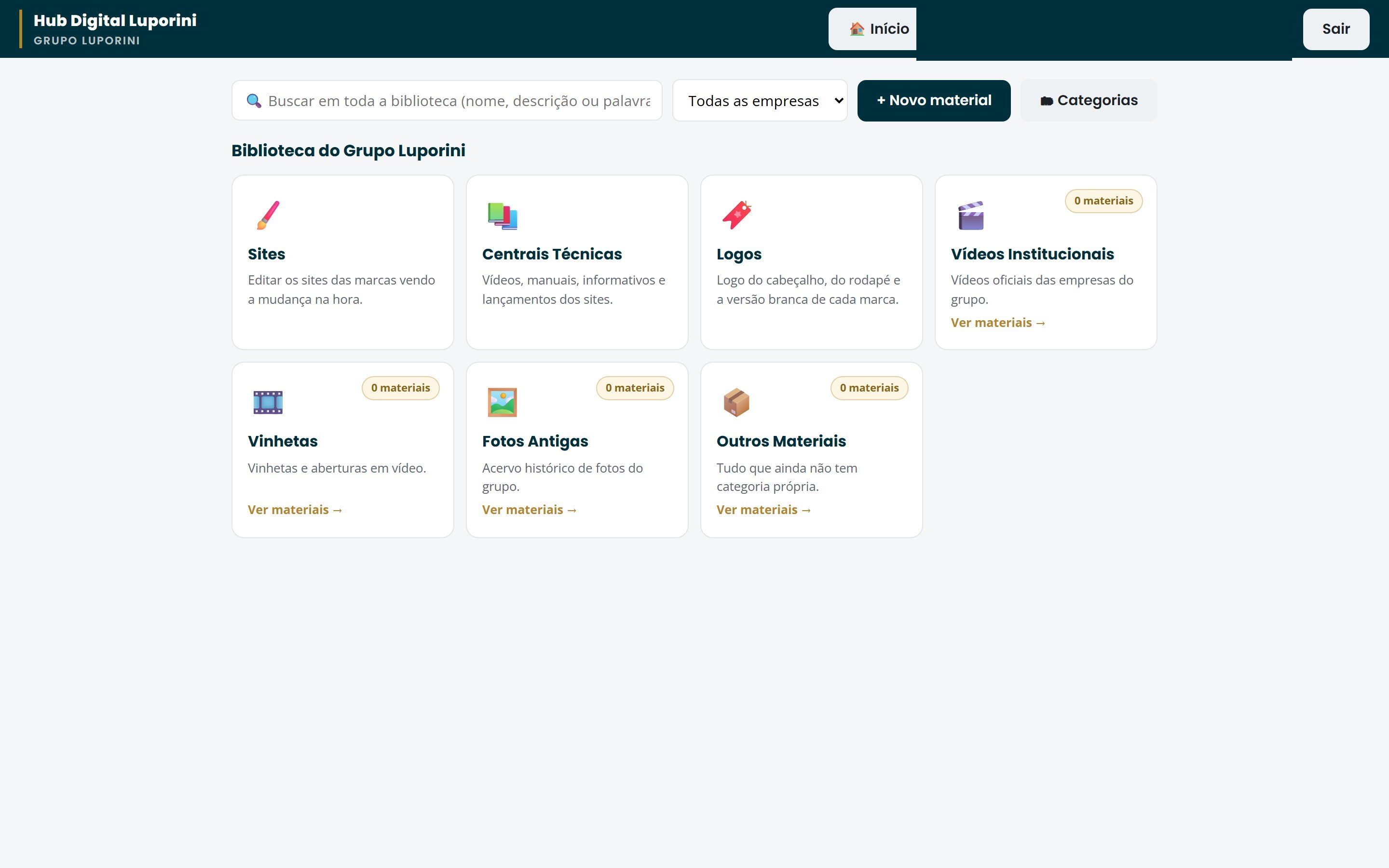 Biblioteca digital do hub: logos, vídeos e materiais organizados por categoria