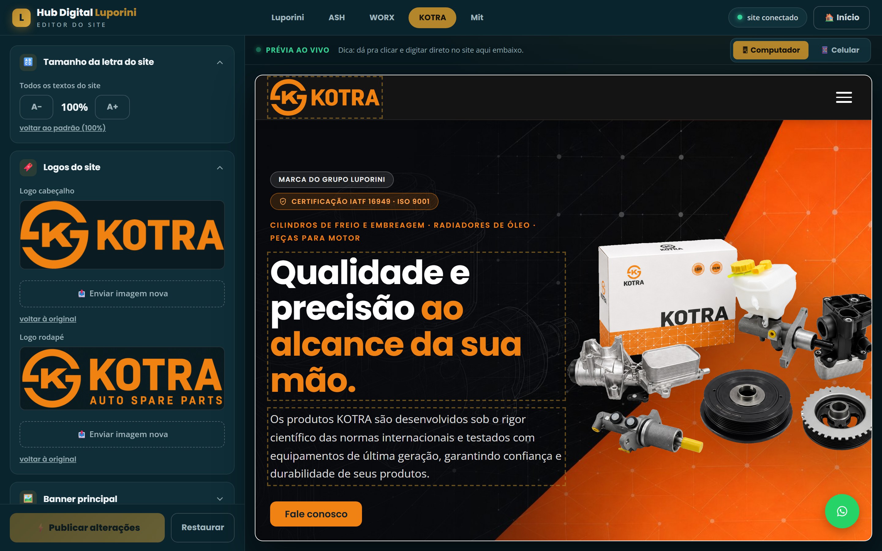 Editor de sites do hub: prévia ao vivo do site da KOTRA com painel de edição de logos e textos