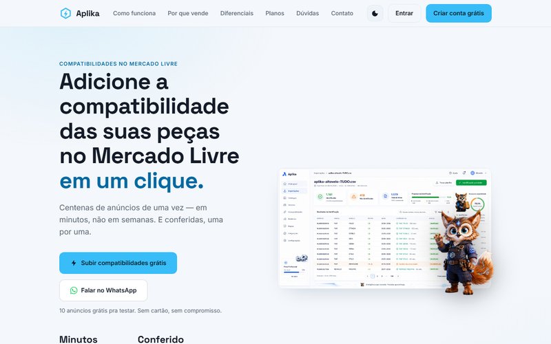 Site do Aplika: compatibilidade de peças no Mercado Livre em massa