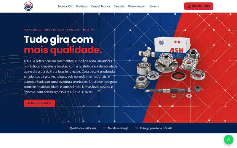Site da ASH: rolamentos, cubos de roda e cruzetas